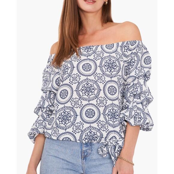 NWT Vince Camuto Off-the-Shoulder Blouse – White Denim Print, Women’s XS - Picture 1 of 5
